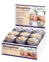 Massagekerzen Display 18 x 40 g Dosen - 6 verschiedene Sorten x 3 Dosen