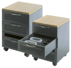 Mobile Officebox mit drei perforierten Schubladen